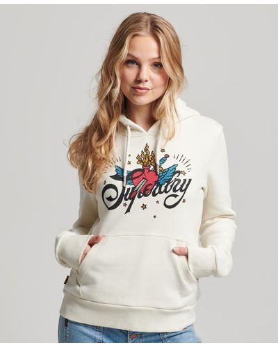 Superdry Sweater TATTOO SCRIPT GRAPHIC HOODIE Cream - Weiß