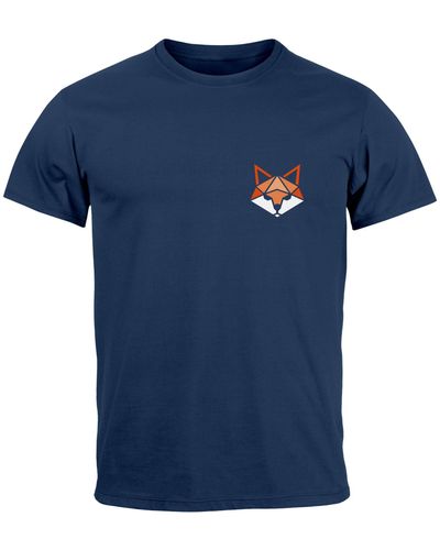 Neverless T-Shirt Fuchsmotiv Brustlogo Aufdruck Tiermotiv Polygon-Style mit Print - Blau