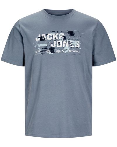 Jack & Jones Print-Shirt Outdoor Logo Tee SS Crew Neck mit großem Markenprint - Blau