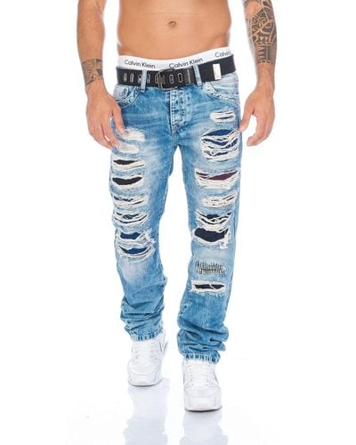 Cipo & Baxx Regular-fit-Jeans Jeans Hose im Destroyed Look mit farbigen Stoff unterlegt Destroyed Look - Blau