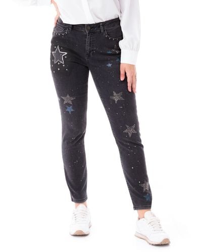 Sarah Kern Skinny-fit- Röhren-Jeans figurbetont mit Strass- und Nietenapplikation - Blau