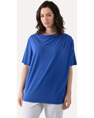 Ulla Popken Rundhalsshirt T-Shirt Lyocell Wasserfall-Ausschnitt Halbarm - Blau