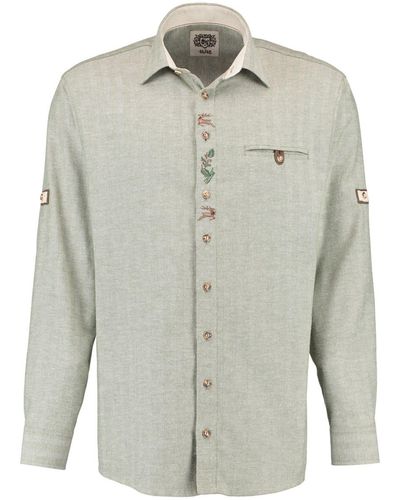 OS-Trachten Outdoorhemd Ajava Langarm Jagdhemd mit Hirsch-Stickerei auf der Knopfleiste - Grau