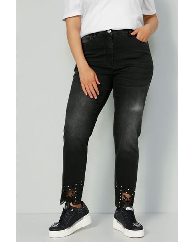 MIAMODA Regular-- Jeans Slim Fit Saum mit Spitze und Ziernieten - Schwarz