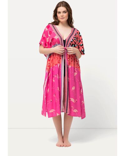 Ulla Popken Strandkleid Kaftan Flamingos Bindeband V-Ausschnitt Halbarm - Pink