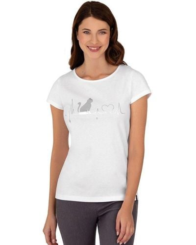 Trigema T-Shirt mit 1/4-Arm und Katzen-Druckmotiv - Weiß