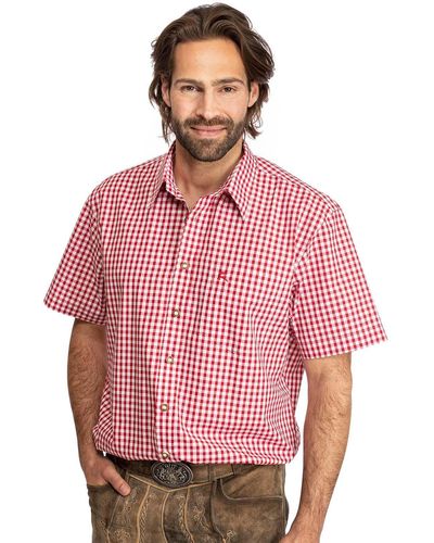OS-Trachten Trachtenhemd Karo Kurzarmhemd ALZACH rot (Regular Fit) - Pink
