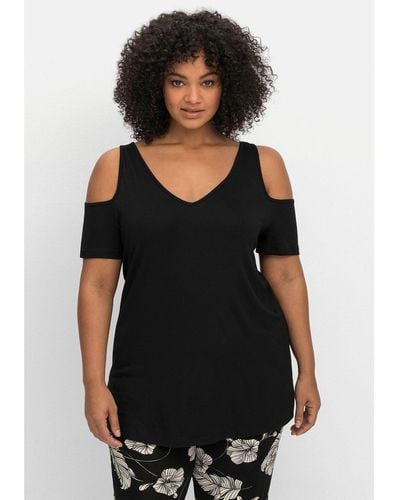 Sheego T-Shirt Große Größen mit V-Ausschnitt, im schulterfreien Look - Schwarz