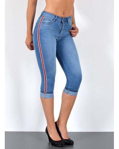 ESRA Caprijeans / Seitenstreifen High Waist Capri Jeans 3/4 Hose mit Galon-Streifen bis Plus Size - Blau