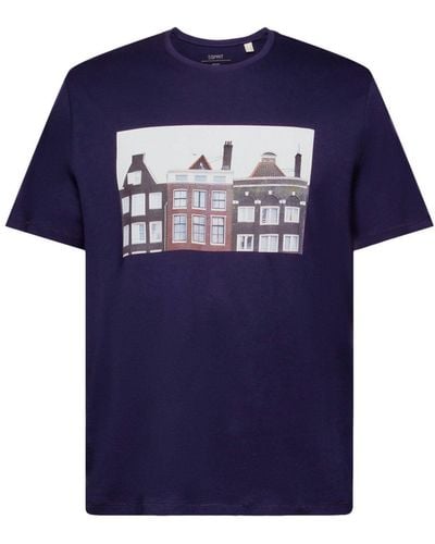 Edc By Esprit Rundhals-T-Shirt mit Print, 100 % Baumwolle (1-tlg) - Blau