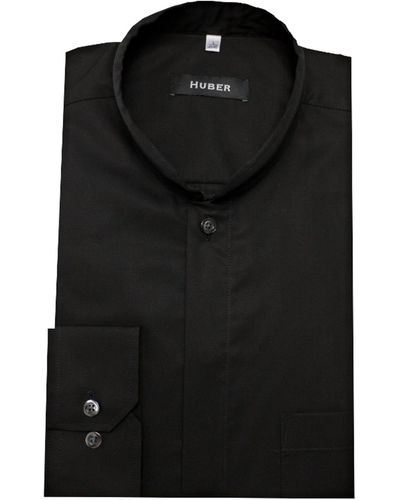 Huber Hemden Langarmhemd HU-0071 Asia Mandarin Stehkragen, Regular Fit-gerader Schnitt, Made in EU - Schwarz