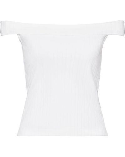 Esprit Geripptes, schulterfreies T-Shirt (1-tlg) - Weiß