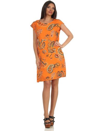 Mississhop Sommerkleid Leinenkleid Kleid 100% Leinen Blumenprint M.328 - Orange