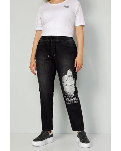 MIAMODA Regular-fit-Jeans Denim-Joggpants Silberdruck Elastikbund - Schwarz