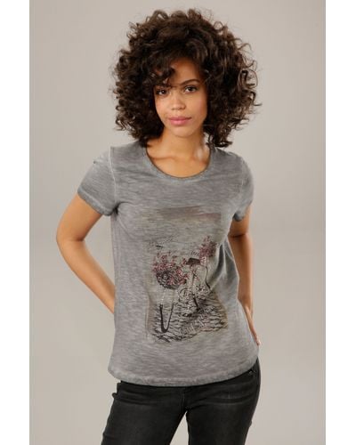 Aniston CASUAL T-Shirt mit Glitzersteinchen verzierter Frontdruck - Grau