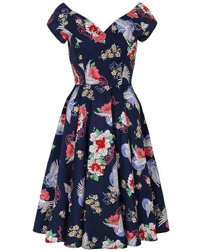 Hell Bunny A-Linien-Kleid Misa Swing Dress Retro Blumenmuster Kranich Vintage Tropical Flowers - Blau