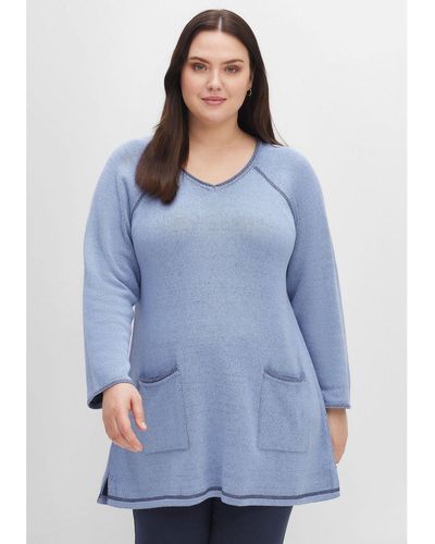 Sheego V-Ausschnitt-Pullover Große Größen mit Taschen und Seitenschlitzen - Blau