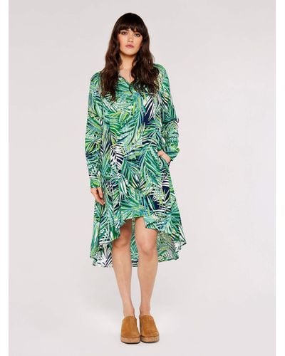 Apricot Minikleid Layer Tropical Hi-Lo Shirt Dress, asymmetrischem Saum, mit tollem Druck - Grün