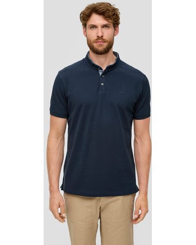 S.oliver Kurzarmshirt Poloshirt aus reiner Baumwolle mit Stehkragen und -Detail Stickerei, Logo - Blau