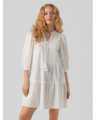 Vero Moda Shirtkleid Kurzes Crepe Kleid mit Kordel Midi Dress 3/4 Ärmel (kurz) 7513 in Weiß