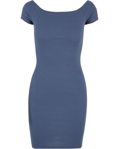 Urban Classics Shirtkleid Ladies Off Shoulder Rib Dress - Blau