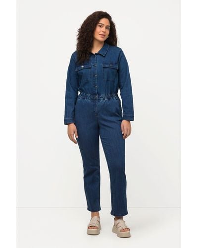 Ulla Popken Regular-fit- -Boilersuit Jeans-Overall Hemdkragen Langarm - Blau