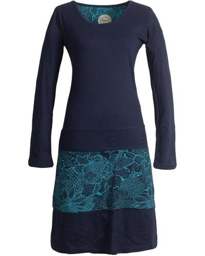 Vishes Jerseykleid Lagenlook Langarm Kleid mit Blumen-Spitze bedruckt Elfen, Hippie, Boho, Goa Style - Blau