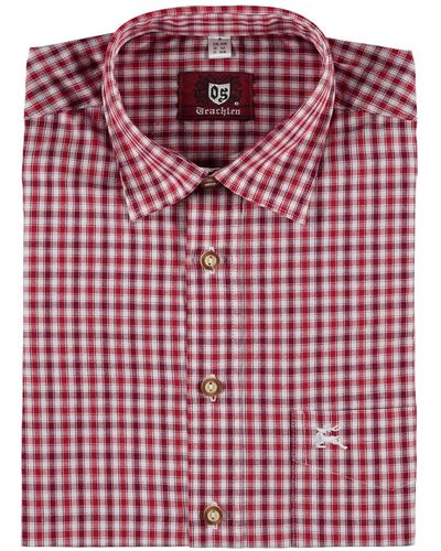 OS-Trachten Trachtenhemd Lundoko Langarmhemd mit Hirsch-Stickerei auf der Brusttasche - Rot