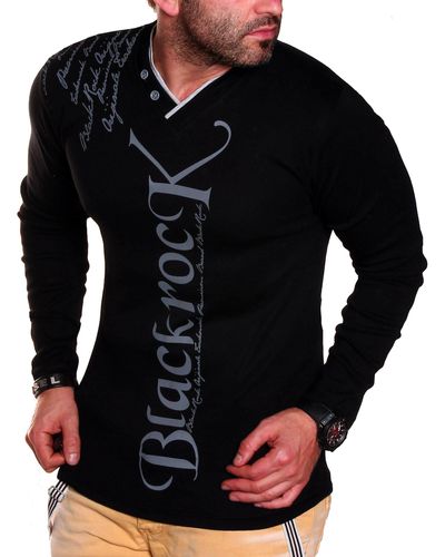 Blackrock 2-in-1- Langarmshirt Henley -Kragen Longsleeve Pulli Sweatshirt V-Neck - Schwarz