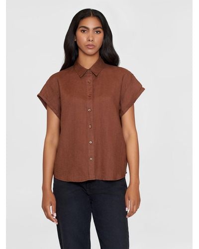 Knowledge Cotton Kurzarmbluse ASTER fold up short sleeve linen shirt - Rot