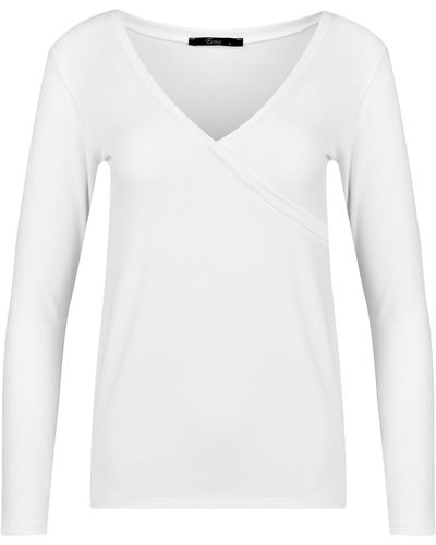 Evoni Langarmshirt Basic Shirt Langarm Baumwolle mit V-Ausschnitt - Weiß