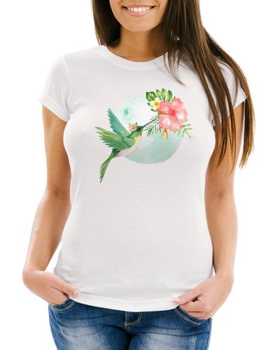 Neverless T-Shirt Kolibri Vogel Tropical Summer Jungle Paradise Hummingbird Slim Fit tailliert Baumwolle ® mit Print - Grau