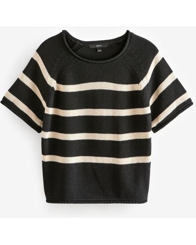 Next Kurzarmpullover Strick-T-Shirt aus 100 % Baumwolle mit Rollsaum (1-tlg) - Schwarz
