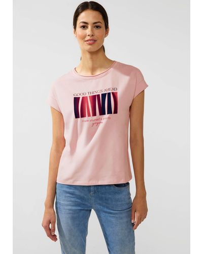 Street One Shirttop mit Schriftzug und Flockprint - Pink