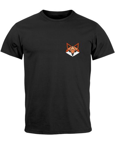 Neverless T-Shirt Fuchsmotiv Brustlogo Aufdruck Tiermotiv Polygon-Style mit Print - Schwarz