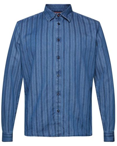 Edc By Esprit Langarmhemd Schmal geschnittenes Jeanshemd mit Streifen - Blau