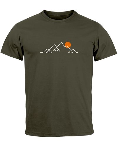 Neverless T-Shirt Frontprint Line-Art Berge Wandern Natur Outdoor mit Print - Grün