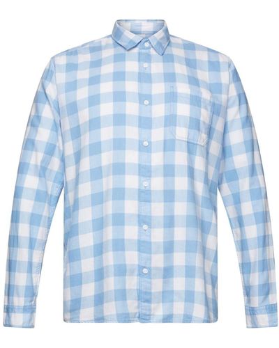 Edc By Esprit Langarmhemd Flanellhemd mit Vichy-Karo, nachhaltige Baumwolle - Blau