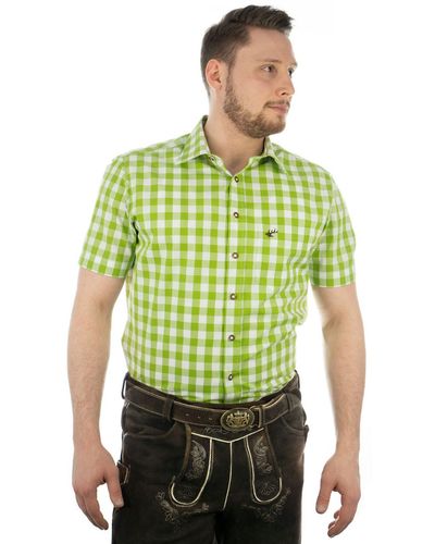 OS-Trachten Trachtenhemd Iluvu Kurzarmhemd aufgesetzter Brusttasche mit Hirsch-Stickerei - Grün