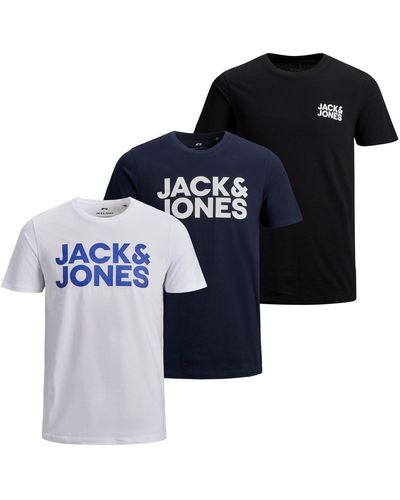 Jack & Jones T-Shirt Basic SLIM FIT, mit Marken-Logo Aufdruck im 3er Pack - Blau