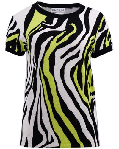 Passioni Print- Rundhals -Shirt mit Lime farbigem Zebramuster in geschmeidiger Qualität - Schwarz
