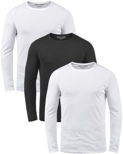 Jack & Jones Langarmshirt (3er-Pack) Basic Shirt mit Rundhalsauschnitt - Weiß