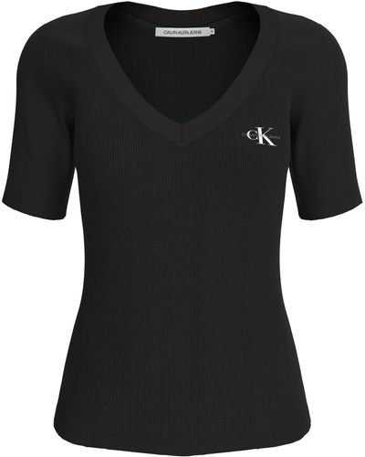 Calvin Klein T-Shirt WOVEN LABEL RIB V-NECK TEE mit Logomarkenpatch - Schwarz