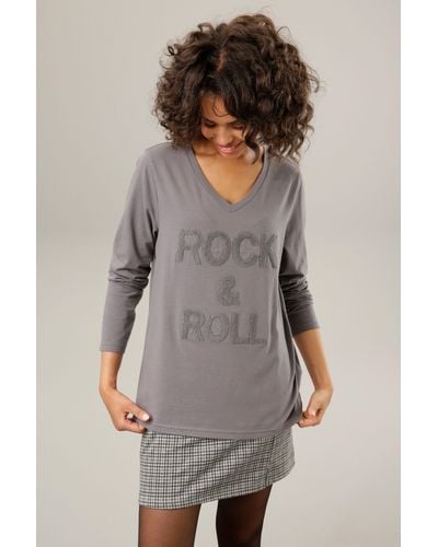 Aniston CASUAL Langarmshirt mit "rockigem" Schriftzug aus strukturiertem Frottee - Grau