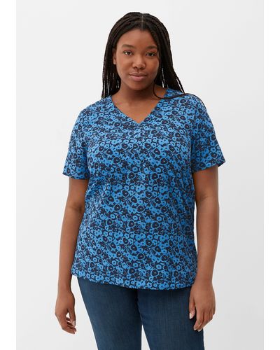 Triangle Kurzarmshirt T-Shirt mit floralem Muster Artwork, Kontrast-Details - Blau
