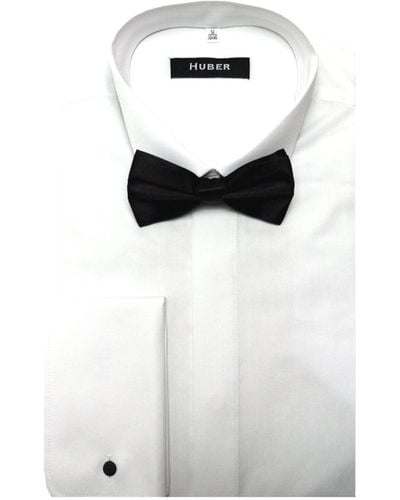 Huber Hemden Smokinghemd HU-1021 Kläppchen-Kragen Fliege schwarz oder silber Manschettenknopf - Weiß
