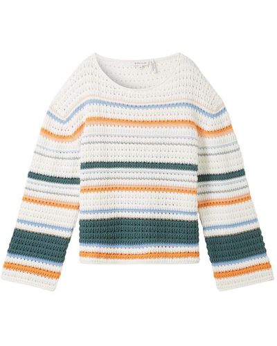Tom Tailor Sweatshirt knit pullover structured, green orange multicolor stripe - Weiß