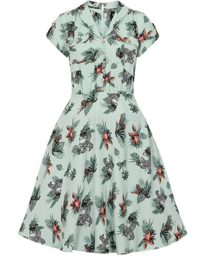 Hell Bunny A-Linien-Kleid Sofia Retro Vintage Swingkleid Rockabilly Palmen Tropisches Muster - Grün