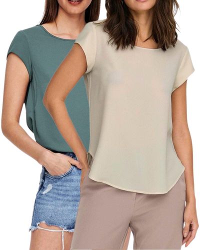 ONLY Shirtbluse (2er Pack) Basic Shirt mit gekreppten Muster im Doppelpack - Natur