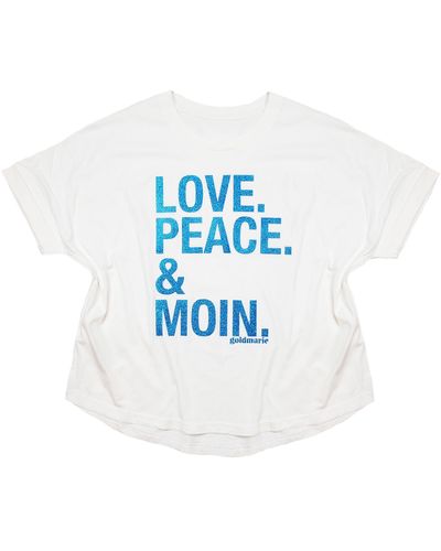 goldmarie T- LOVE PEACE MOIN Shirt Uschi weiß blau mit Glitzer Baumwolle